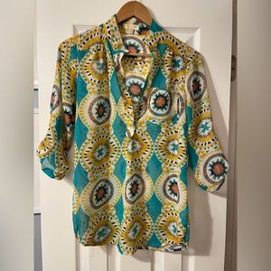 Womens medium seethrough sheer top western 3/4 sleeve blouse shirt coverup beach